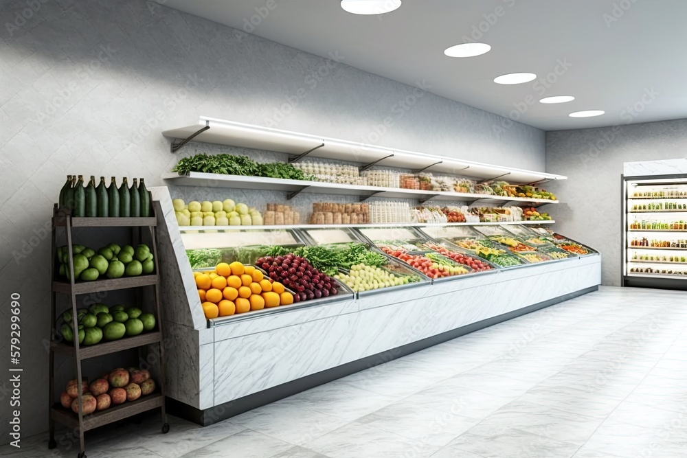 Wall mural Vibrant produce on display in a modern supermarket. Fresh fruits and vegetables in shelf. Generative AI