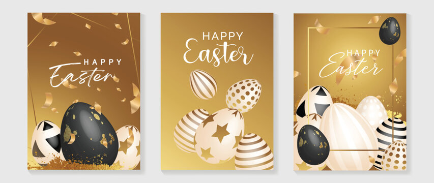 Happy Easter luxury element cover vector set. Elegant 3D shiny striped pattern gold and black easter eggs with ribbon and foil texture. Adorable glamorous design for decorative, card, kids, poster.