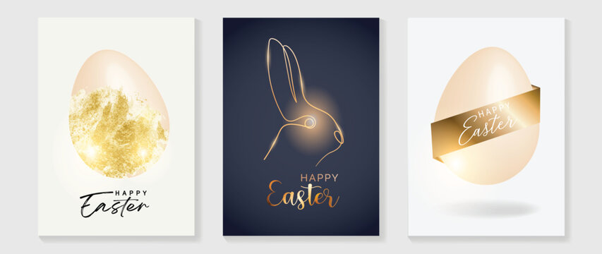 Happy Easter luxury element cover vector set. Elegant 3D shiny easter eggs with foil brush paint texture and glow rabbit shape line art. Adorable glamorous design for decorative, card, kids, poster.