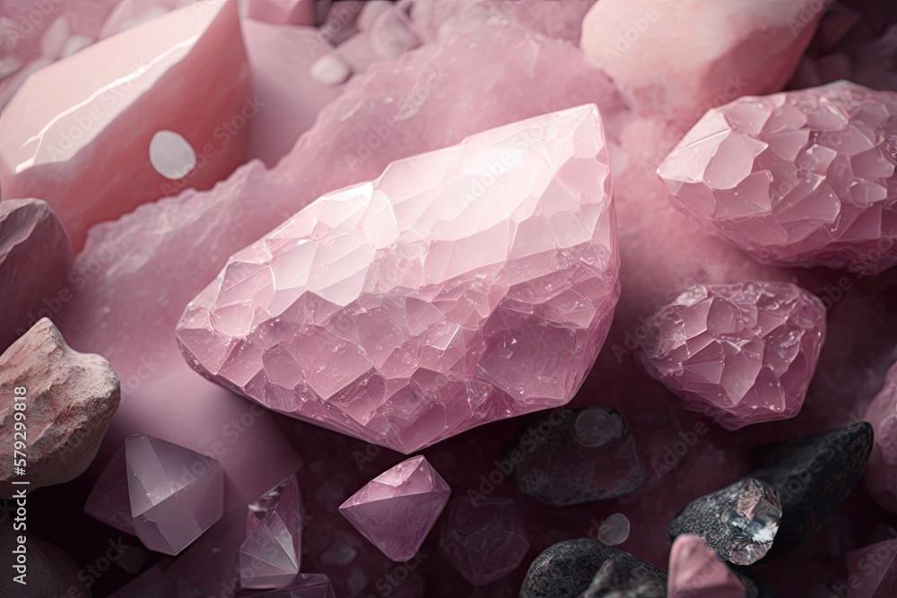 Poster surface texture of raw rose quartz stone used as a backdrop. generative ai