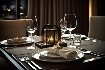 elegantly set restaurant table. Generative AI