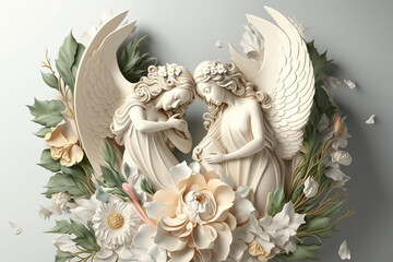 Fototapeta premium Flower design with angels, illustration generative AI