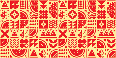 Abstract artwork of watermelon fruit pattern icon set. Simple flat vector art, illustration of cut watermelon symbols, leaves, seeds and various geometric shapes. Food theme silhouette, modern design.