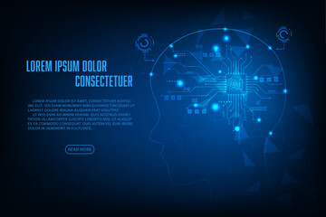 Vector artificial intelligence concept. Blue light microchip hologram human head.