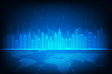 Vector night cityscape with neon lights. Network and communication cyber city technology.