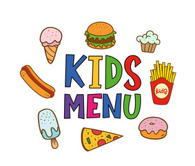 Kids menu. Logo for banner, flyer, poster design. Meal menu vector template. Kids food concept. Cute colorful illustration. Children nutrition logo symbol. Funny label kids food menu.