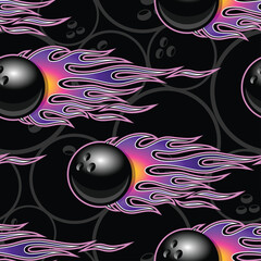 Bowling and tribal fire flame seamless pattern vector art image. Flaming bowling balls continuous background wallpaper sports texture.