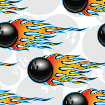 Burning bowling balls repeating tile background. bowling balls and tribal fire flames seamless pattern vector image wrapping paper design.