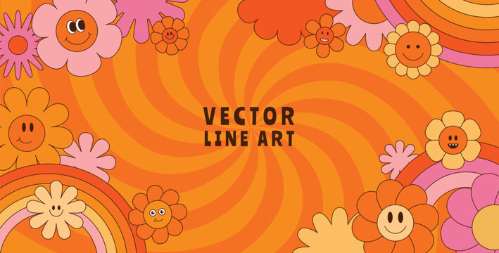 Vector horizontal banner with copy space for text - design elements and shapes for abstract backgrounds and modern art - hippie groovy vibes with flowers and waves