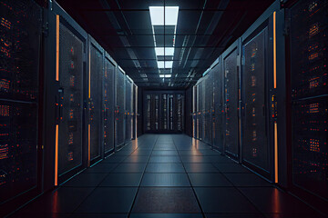  Corridor in Working Data Center Full of Rack Servers and Supercomputers with Internet connection Visualization Projection
