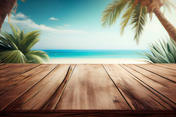 Tropical summer beach with sun light abstract background and wood table for montage with copy space