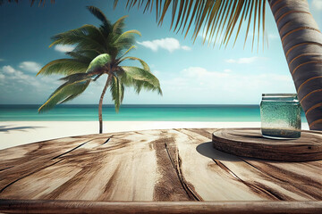 Tropical summer beach with sun light abstract background and wood table for montage with copy space