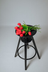 a bouquet of red tulips on a white background