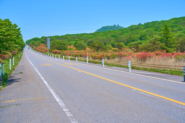 春の群馬県高崎市榛名湖町の磨墨峠(するすとうげ)付近のメロディーライン上から北東側(ヤセオネ峠方面)を見る