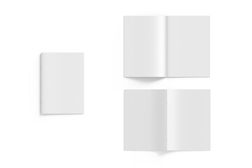 Universal template with three white A4 (A5) brochures with realistic shadows isolated on a white background. One brochure is closed, the second is open, the third is open back view. 3d rendering.