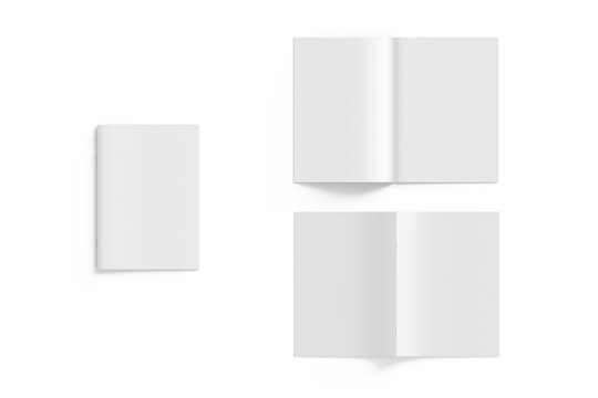 Universal template with three white A4 (A5) brochures with realistic shadows isolated on a white background. One brochure is closed, the second is open, the third is open back view. 3d rendering.