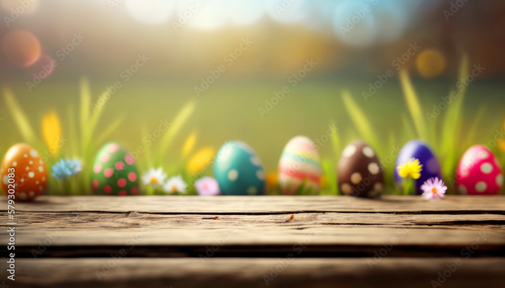 Poster easter product display table with easter eggs and spring meadow. generative ai