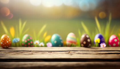 Easter product display table with easter eggs and spring meadow. Generative ai