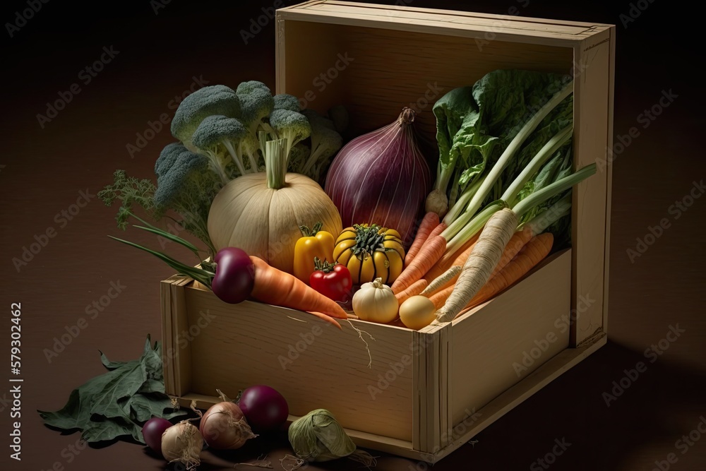 Poster wooden box containing crisp veggies, removed from context. perspective from on high. generative ai