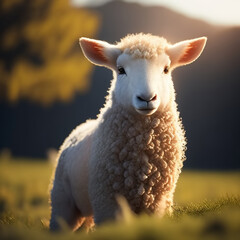 Fototapeta premium fluffy white lamb on meadow. Generative AI