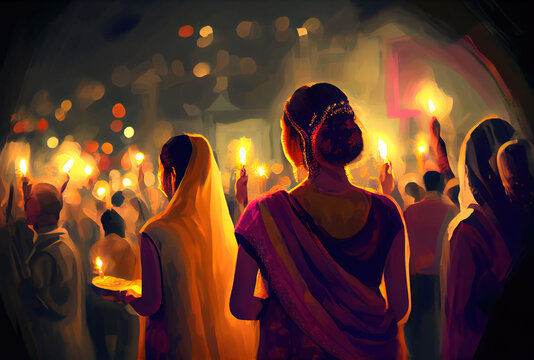 Indian crowd people in the Diwali the festival of lights in the night with candle lights fireworks and mosque background. Generative AI