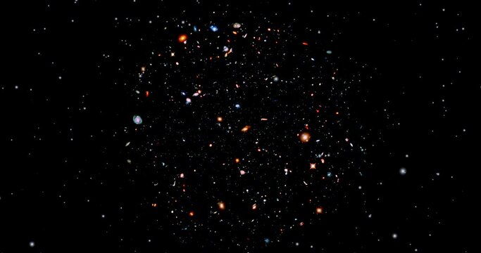 Fly toward ancient galaxies in the universe that existed only 450 million years after the big bang. Wide view of farthest galaxies.