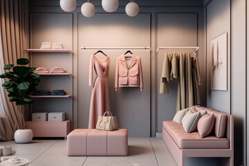 Modern interior design of female clothing store. Super photo realistic background. Generative ai illustration
