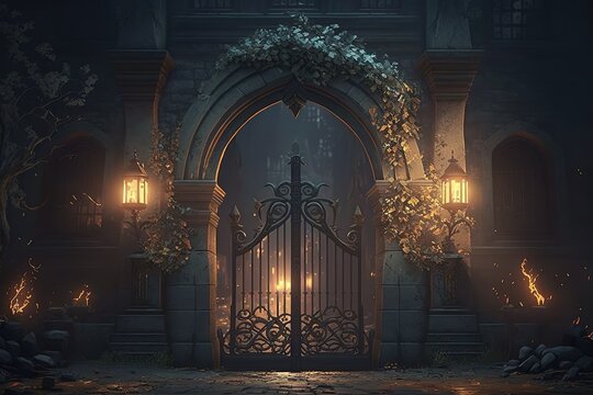 The gates of a medieval castle at night, an external entrance with an arched door and burning torches.Generative AI