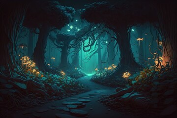 Fantastic night forest landscape with trees and road, fireflies and mushrooms glowing in the dark.Generative AI