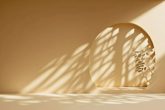 Background display with natural tree leaf shadow pastel beige backdrop, Nature product promotion beauty cosmetics . Nude Studio Minimal showcase for advertisement, generative ai