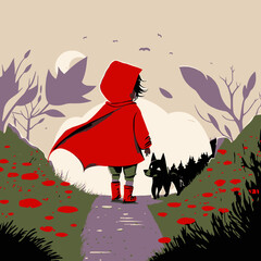 Little Red Riding Hood walking with the wolf, comic book, comic character, red cape girl, cartoon character, 