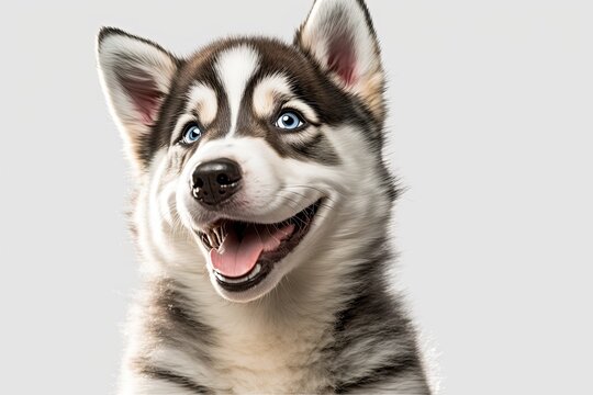 Puppy husky grins and flashes an open mouthed wink. stand up against a white background. Generative AI