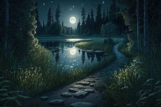 Summer forest landscape with a lake and a path in the moonlight.Generative AI