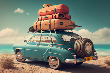 Small retro car with baggage, luggage and beach equipment on the roof, fully packed, ready for summer vacation, concept