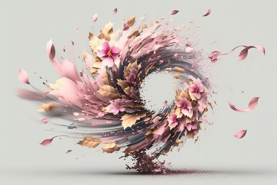 A fantastic picture, the wind whirls the pink petals of a flower, highlighted on a white background.Generative AI