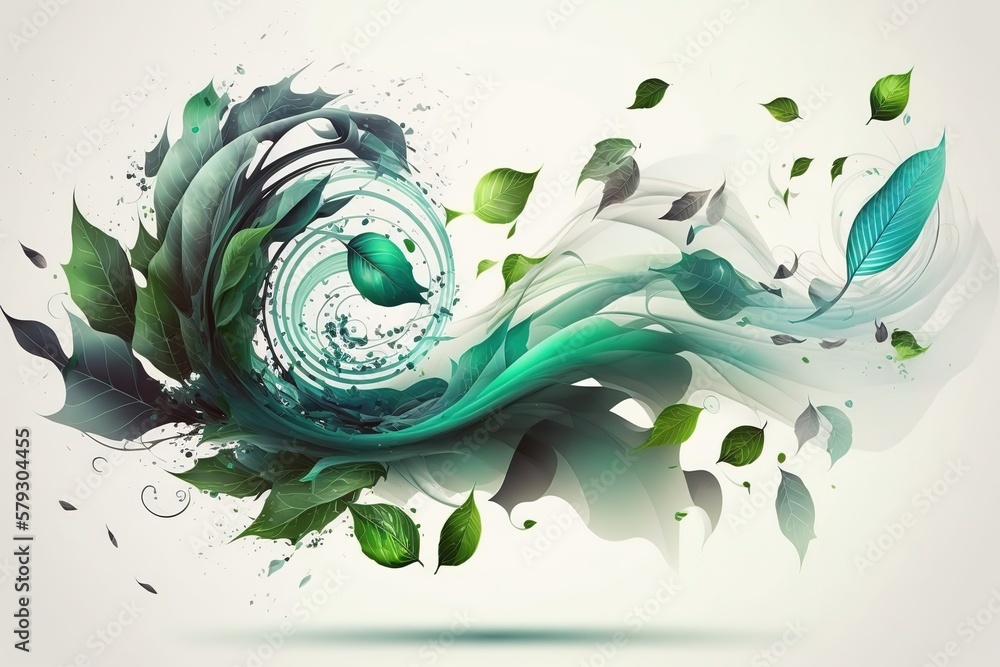 Poster abstraction of voluminous green leaves in the wind on a white background.generative ai