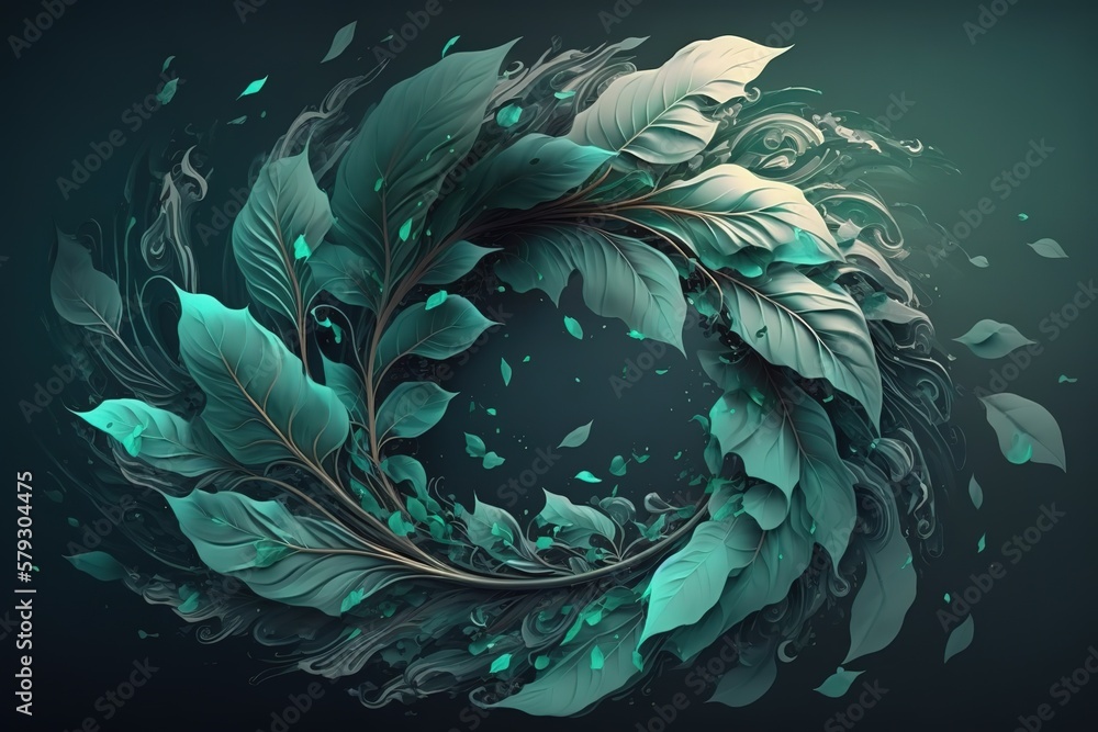 Poster abstraction of voluminous green leaves in the wind on a dark background.generative ai