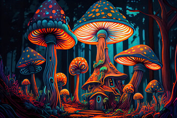 a group of fantastical mushrooms growing in a rainforest