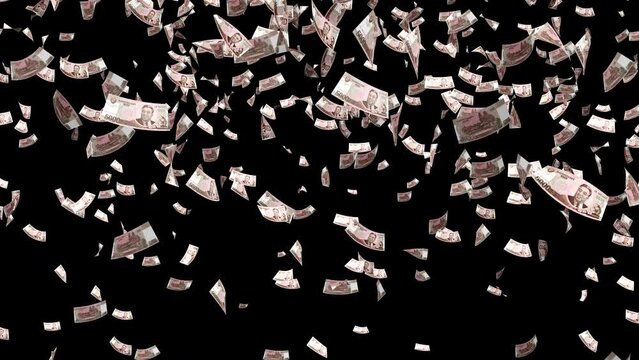 Money rain. North Korean Won money banknotes falling down. KPW paper money