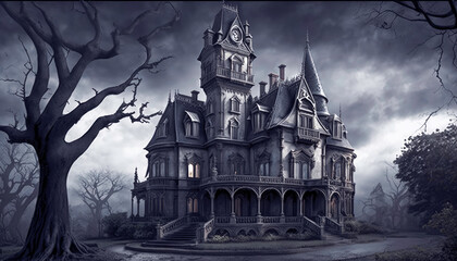 Obraz premium A Futuristic Gothic Victorian Mansion Lost in the Haunted Forest: Discovering | AI Generated