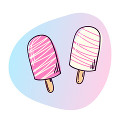 Two ice cream popsicles covered with icing. Vector illustration in doodle style