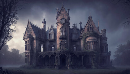 Fototapeta na wymiar A Futuristic Gothic Victorian Mansion Lost in the Haunted Forest: Discovering | AI Generated