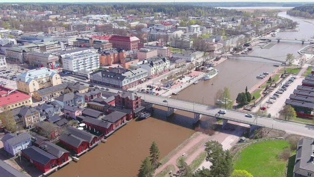 Porvoo, Finland: Aerial view of Nordic city in spring - landscape panorama of Northern Europe from above