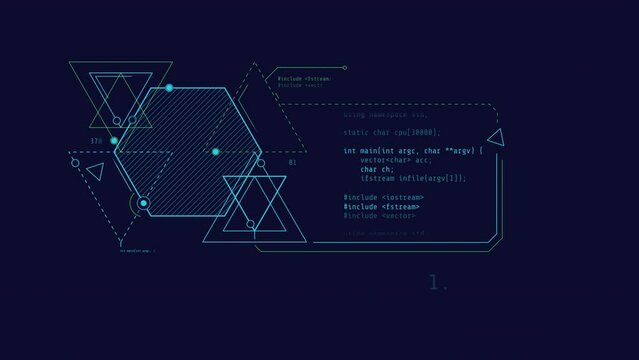 Looped animation of abstract code and geometric shapes HUD element.