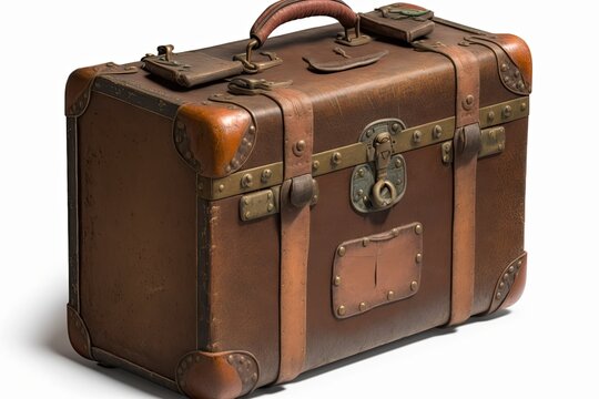 a brown leather vintage suitcase from the 1930s, isolated on white. Sign and idea of going somewhere else. Intriguing times of adventure. Generative AI