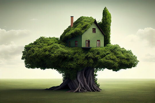 Conceptual image of green plant shaped like house