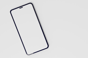 Smartphone with blank screen on white table mockup, flat lay, top view, product modern concept.