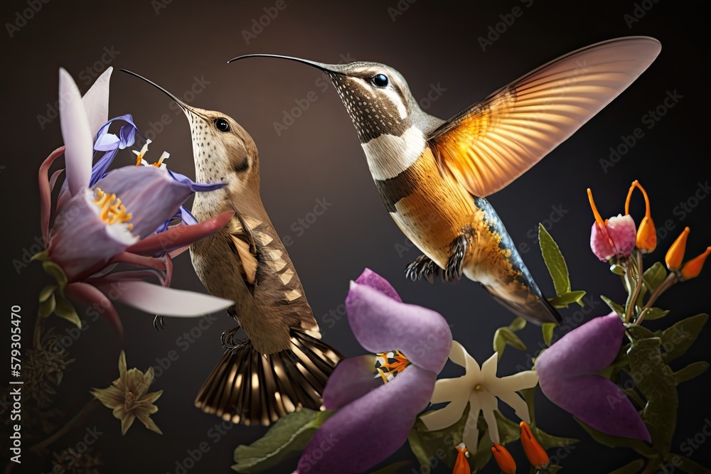 Poster a hawk moth and a hummingbird float above a bloom (macroglossum stellatarum). generative ai
