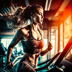Beautiful young girl runs on a treadmill in the gym. Generative AI.