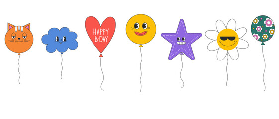Set of balloons. Red, orange, blue, green, purple and yellow baloons flat style isolated on white background. Ball in the form of a cat, a cloud, a heart, a daisy, a smile and a star. © Елена Сорокина
